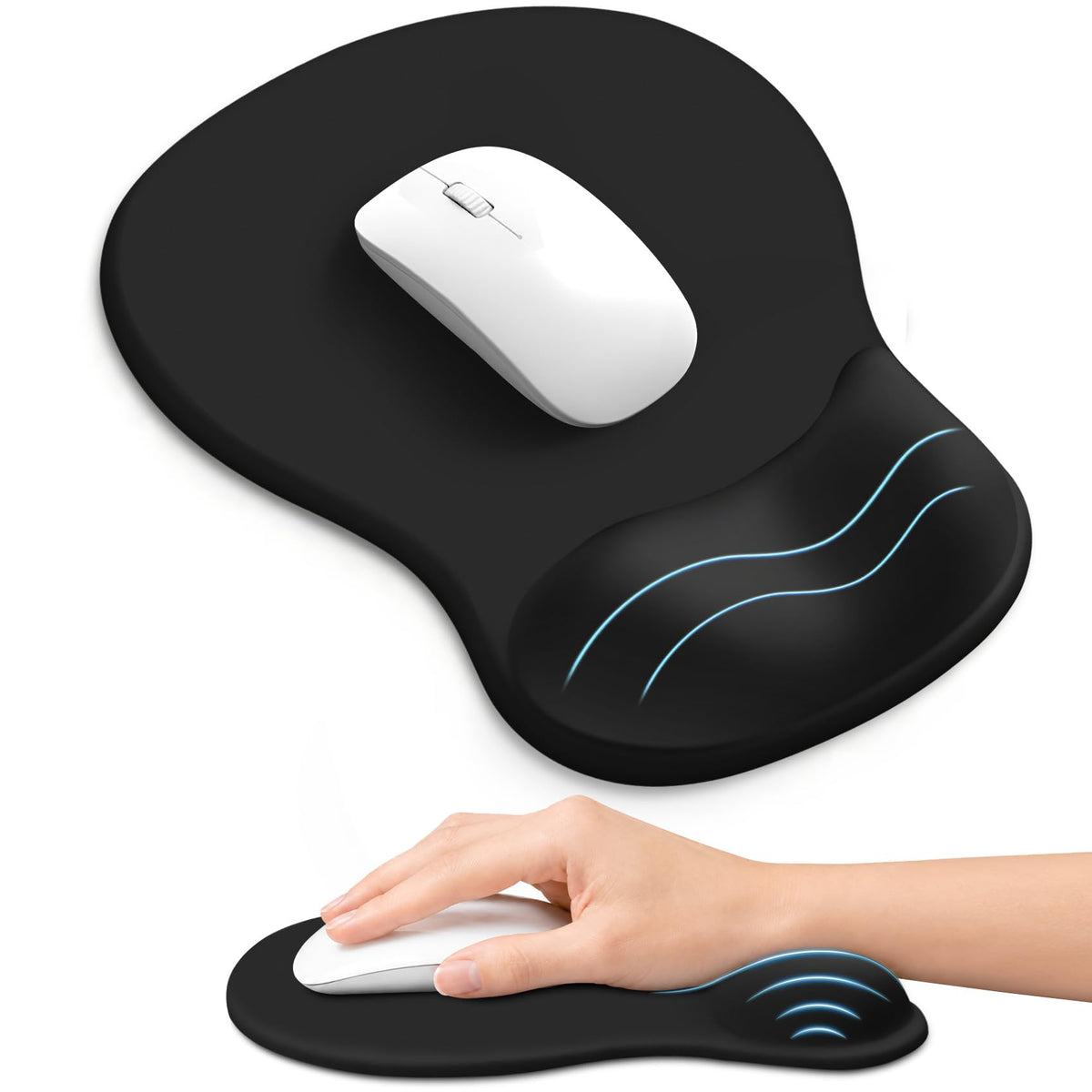 Ergonomic Mouse Pad with Wrist Rest, Gel Wrist Support, Black | 10.2 x 7.6 in Mouse Pad with Smooth Fabric Surface and Non-Slip Rubber Base for Office, Home, Study, and Gaming