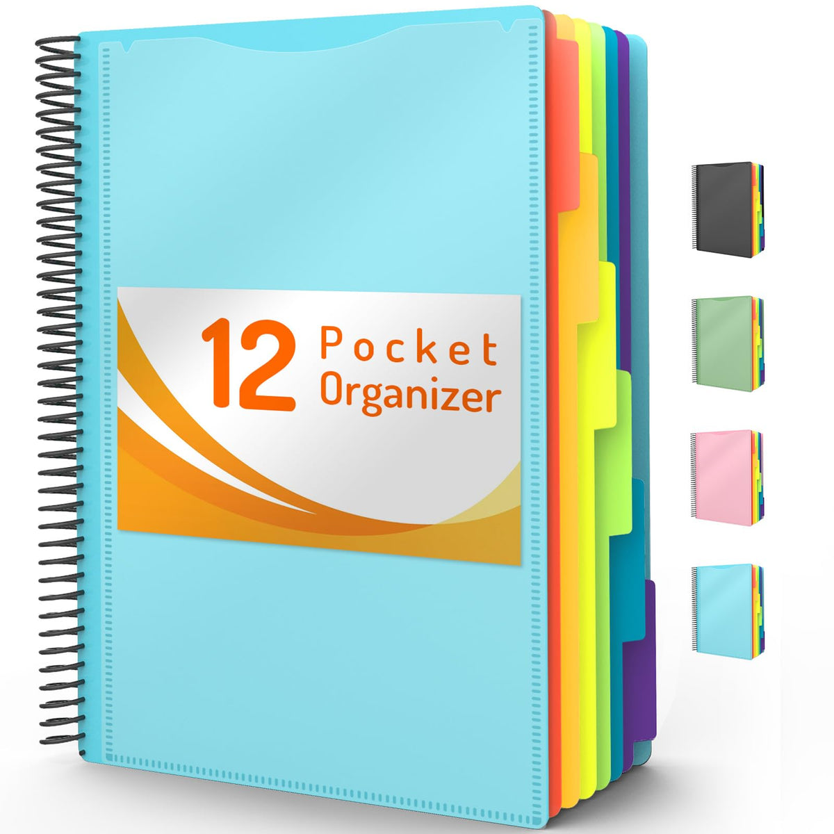 Forvencer 12 Pocket Project Organizer, 1/6-cut Tab Binder Organizer with Sticky Labels, Multi Pocket Folder with Zipper Pouch, Folder Binder Spiral Pocket Notebook, Office Supplies, Letter Size, Black