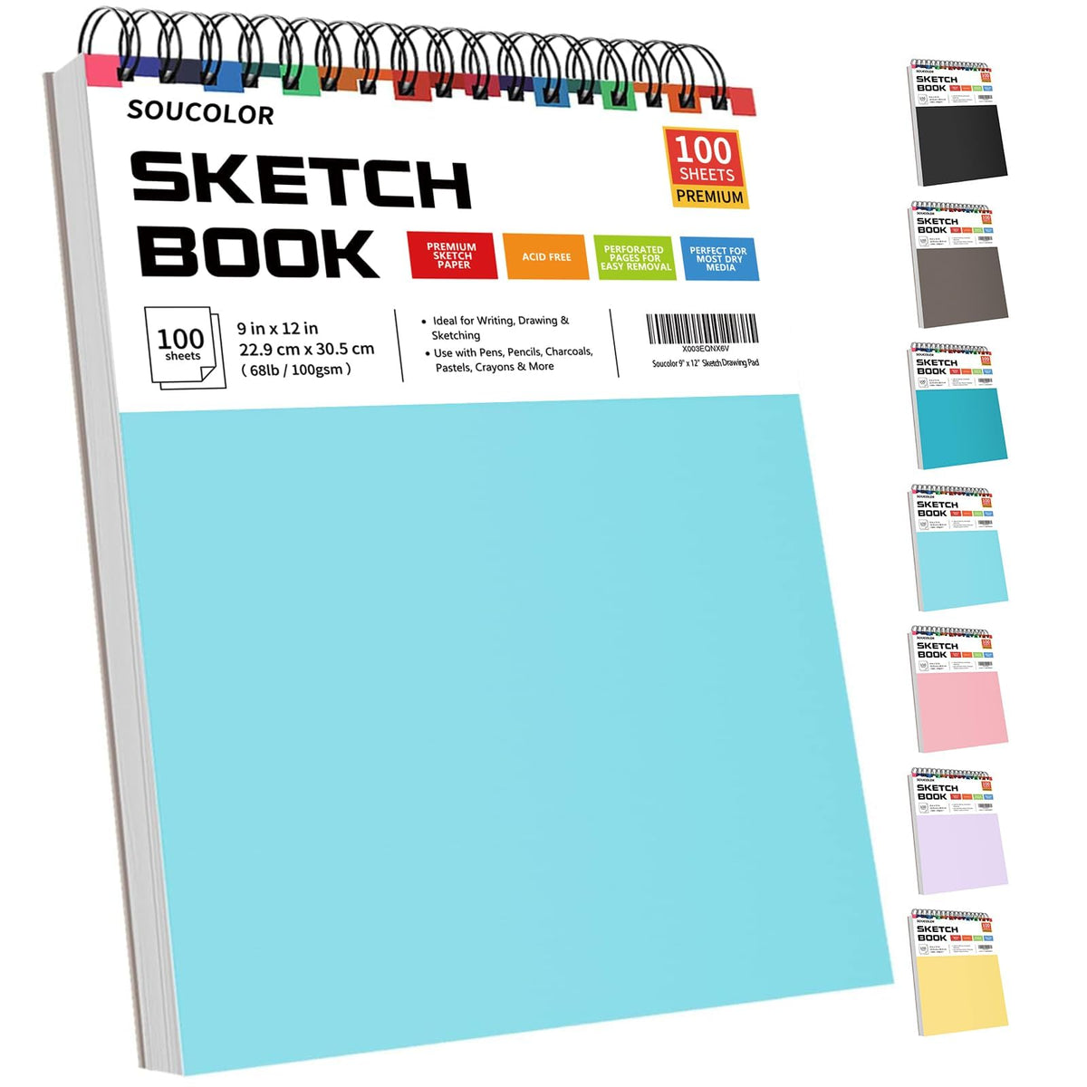 Soucolor Sketch Book 9" x 12", 100 Sheets Kids Art Sketchbook Drawing Pad | 68lb Acid-Free, Fine-Texture Paper, Top Spiral for Lay-Flat, Gift for Teens Girls Boys Beginners Adults, School Art Supplies