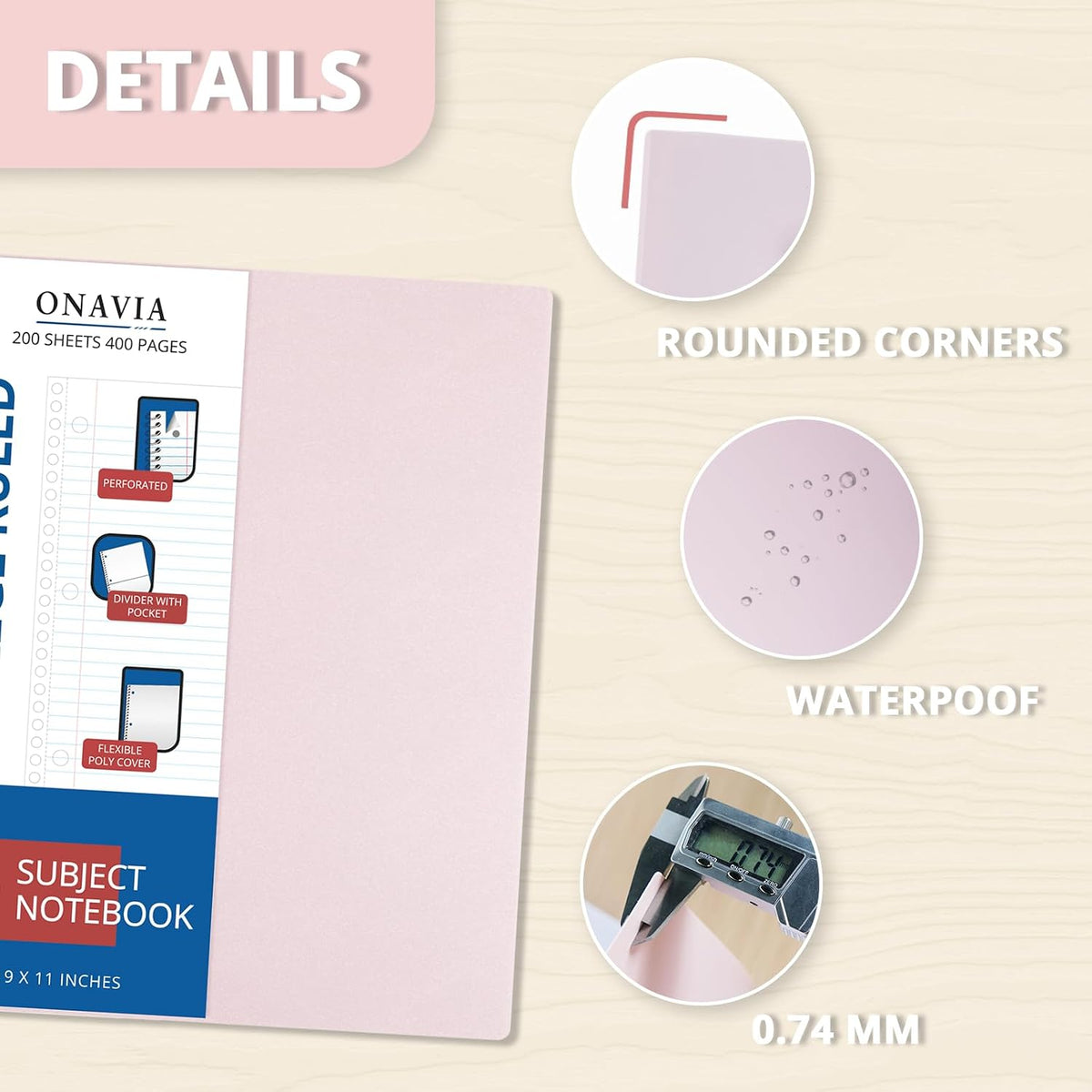 ONAVIA Pink 5 Subject Spiral Notebook College Ruled, 400 Pages | 200 Sheets, 9 x 11 in, 6 Pack Waterproof Plastic Cover, Durable, School Notebooks, Classroom, Teachers