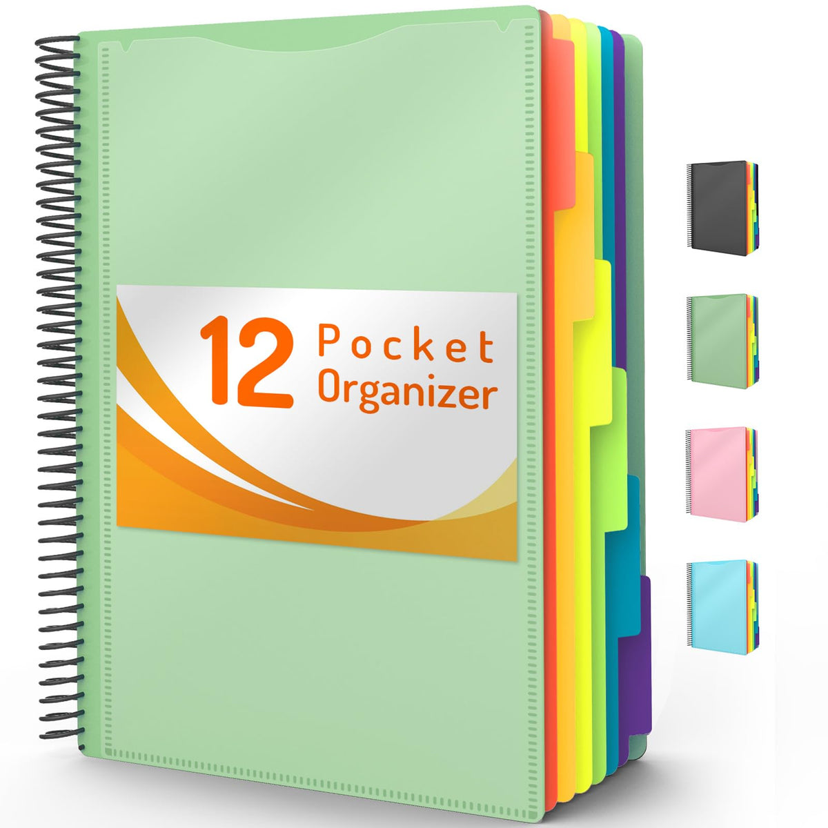 Forvencer 12 Pocket Project Organizer, 1/6-cut Tab Binder Organizer with Sticky Labels, Multi Pocket Folder with Zipper Pouch, Folder Binder Spiral Pocket Notebook, Office Supplies, Letter Size, Black
