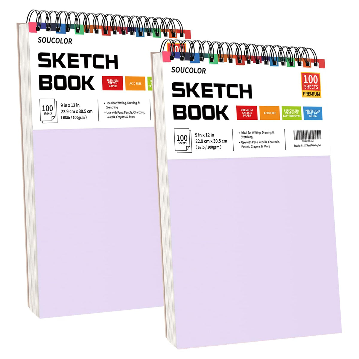 Soucolor Sketch Book 9" x 12", 100 Sheets Kids Art Sketchbook Drawing Pad | 68lb Acid-Free, Fine-Texture Paper, Top Spiral for Lay-Flat, Gift for Teens Girls Boys Beginners Adults, School Art Supplies