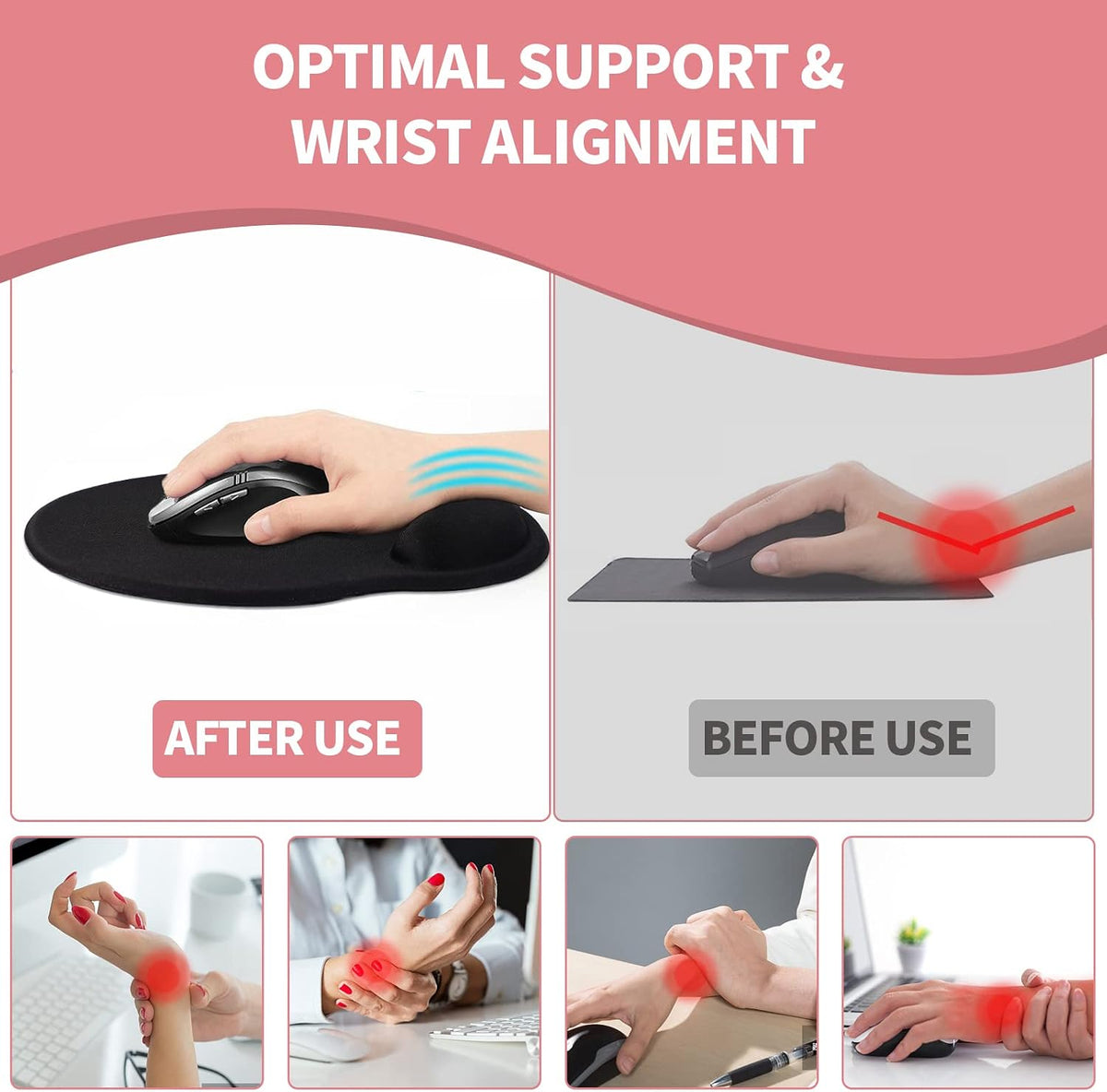 Mouse Pad with Wrist Rest, Comfortable Computer Mousepad with Gel Wrist Support Smooth Surface and Non-Slip PU Base for Pain Relief, Laptop, Office & Home (Rose)