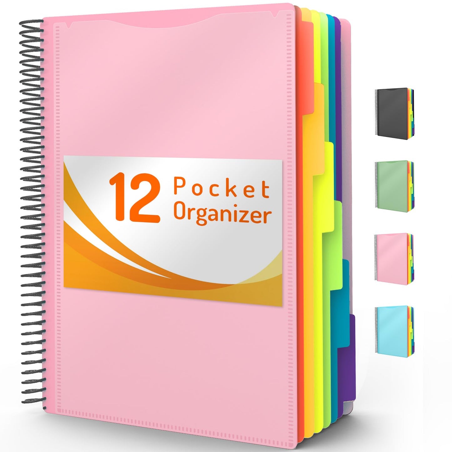 Forvencer 12 Pocket Project Organizer, 1/6-cut Tab Binder Organizer with Sticky Labels, Multi Pocket Folder with Zipper Pouch, Folder Binder Spiral Pocket Notebook, Office Supplies, Letter Size, Black