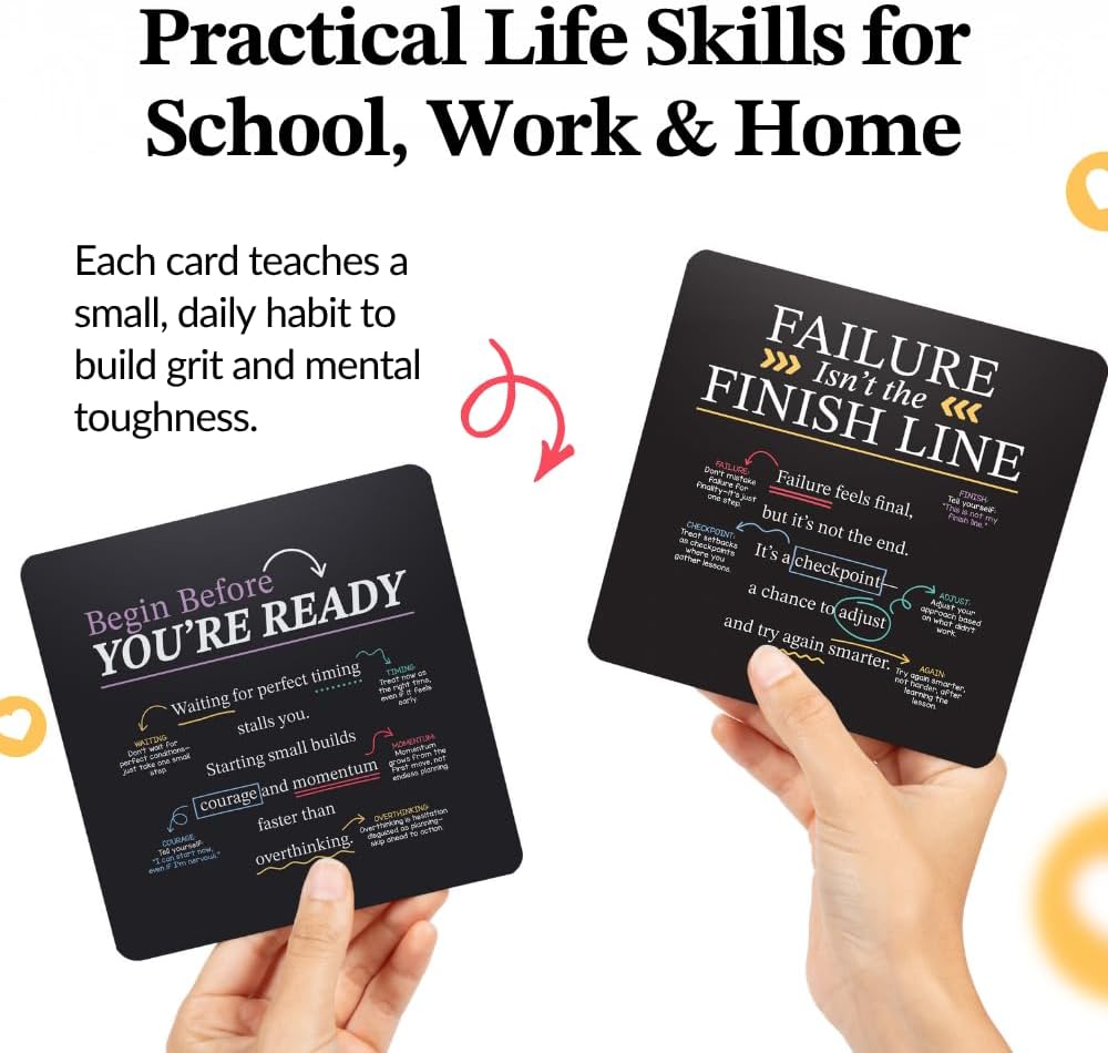 Grit Mindset Cards – 52 Daily Habits for Persistence, Resilience & Confidence – Motivational Mindset Cards for Kids, Teens & Adults – Includes Wooden Display Stand – Gift for Teachers & Coaches