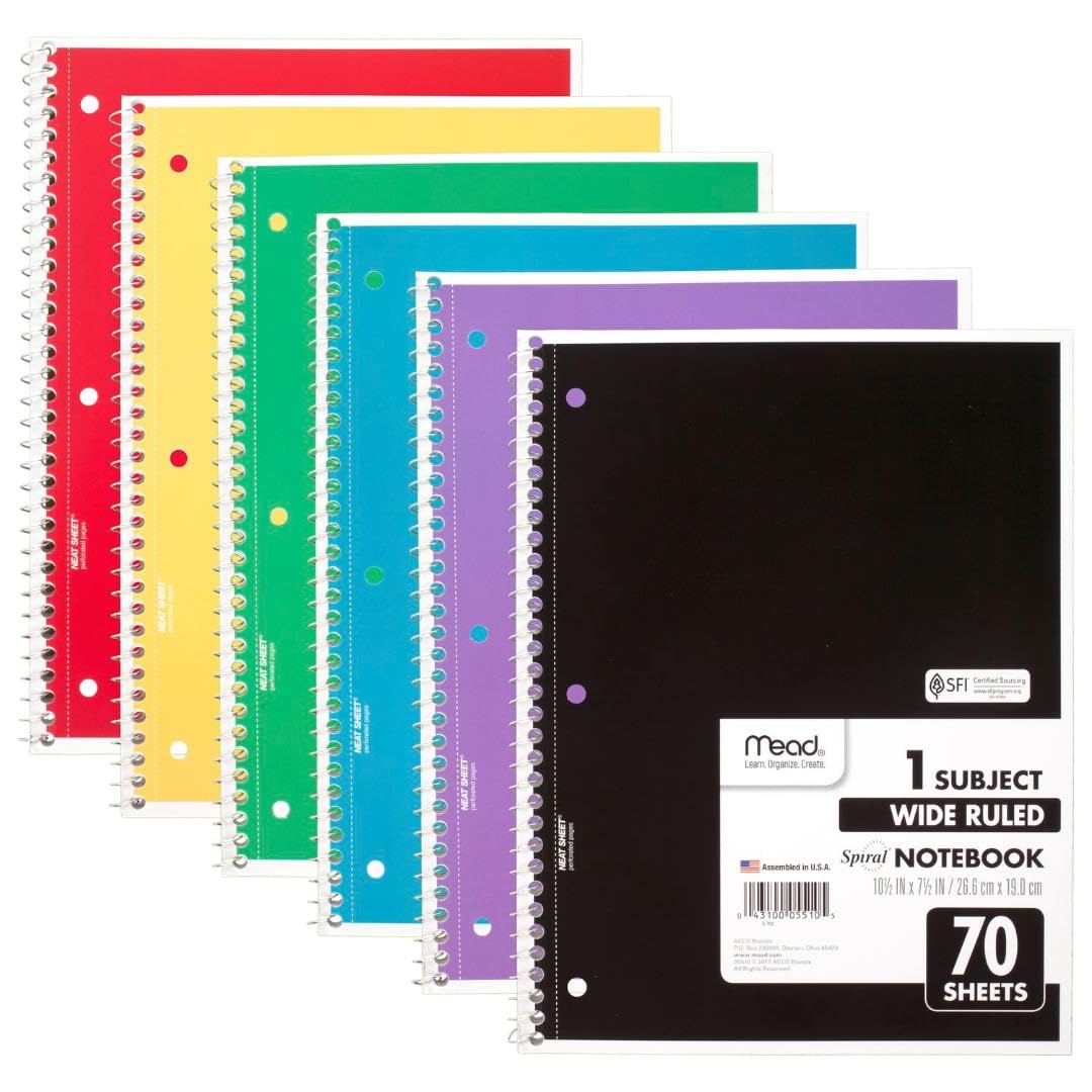 Mead Spiral Notebook, 24 Pack, 1 Subject, Wide Ruled Paper, 7-1/2" x 10-1/2", 70 Sheets per Notebook, Colors Will Vary (930203-ECM25)