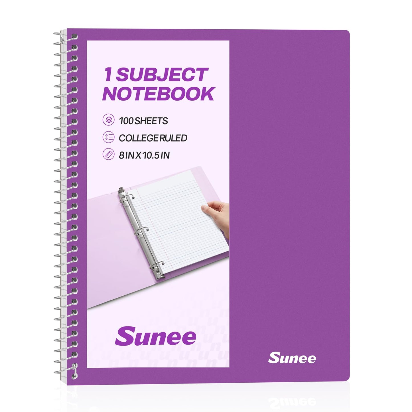 SUNEE Spiral Notebook, 1-Subject, College Ruled Paper, 8" x 10-1/2", 100 Sheets per Notebook, 3-Hole Punched Paper, Water Resistant Cover, Double-sided Pockets, Spiral Lined Notebooks for Work, Pink