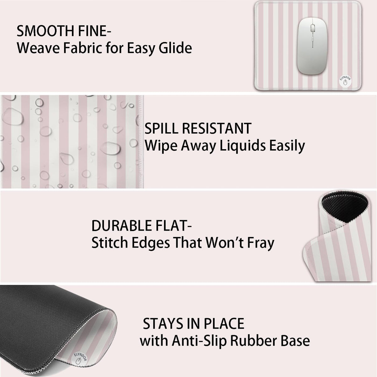 Mouse Pad for Desk with Stitched Edge, Premium Cute Washable Mouse Pads. Computer Mousepad with Non-Slip Rubber Base, Mousepads for Laptop, 9.25x7.75x0.12 inch (Pink Stripes)