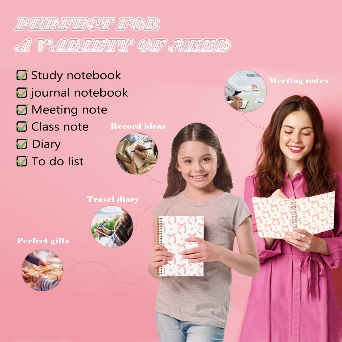 QUICQOD Cute Pink Bow Spiral Notebook Journal for Teen Girls, 5.5x8.3 Inch | Coquette Pink School Supplies for Girls, Preppy Hardcover Journal for Women, Lined Notebook for Note Taking Daily Writing