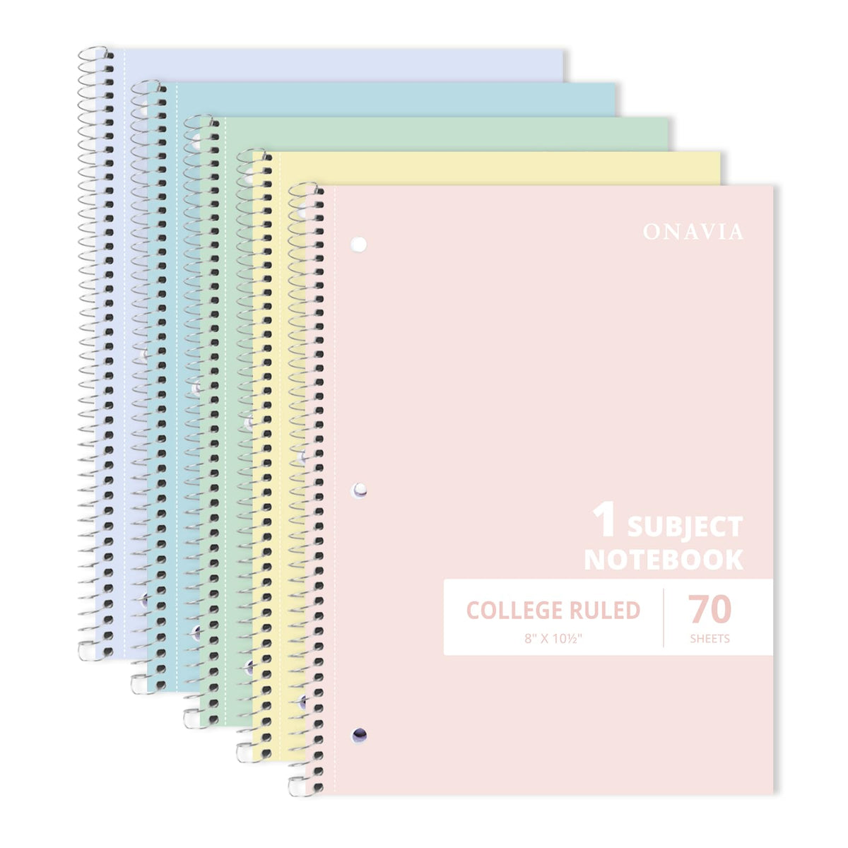 ONAVIA 1 Subject Spiral Notebook College Ruled 5 Pack, 140 Pages, Assorted | 70 Sheets, 8 x 10.5 in, 3-Hole Punched, School Notebook, Writing Notebook, Students, Study