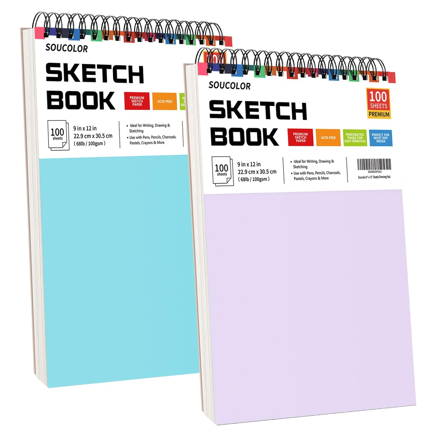 Soucolor Sketch Book 9" x 12", 100 Sheets Kids Art Sketchbook Drawing Pad | 68lb Acid-Free, Fine-Texture Paper, Top Spiral for Lay-Flat, Gift for Teens Girls Boys Beginners Adults, School Art Supplies