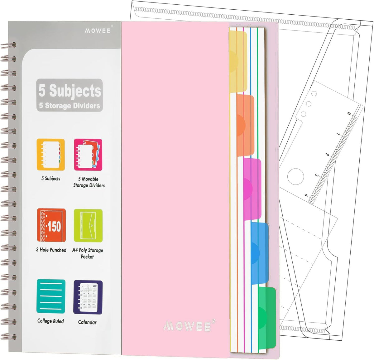 Spiral Notebook - 5 Subject Notebook, College Ruled Notebook With Dividers Pocket, Tabs Label, 11" Ruler, 200 Pages, for Writing Journal, Home & Office, School Supplies, 8.5''x11''Black | 200 Pages, 11" Ruler, 8.5"x11" Black, Pocket Dividers with Tab Labe