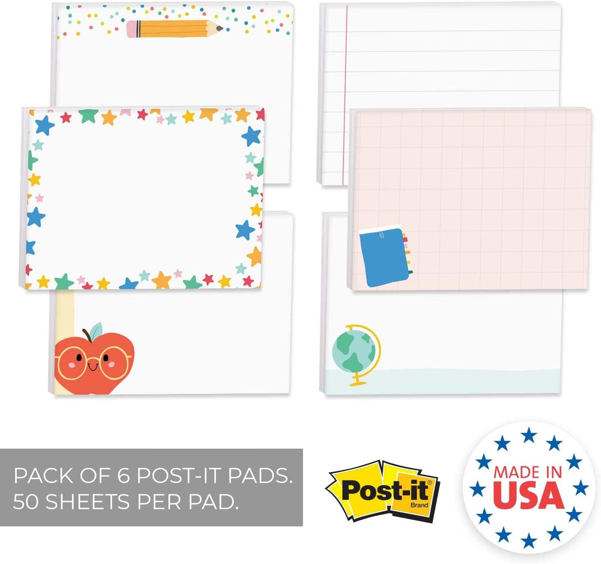 Cute Teacher Icons Sticky Note Pads / 4" x 3" Repositionable Classroom Sticky Notes / 50 Sheets Per Pad/Set of 6 Designs/Made in USA