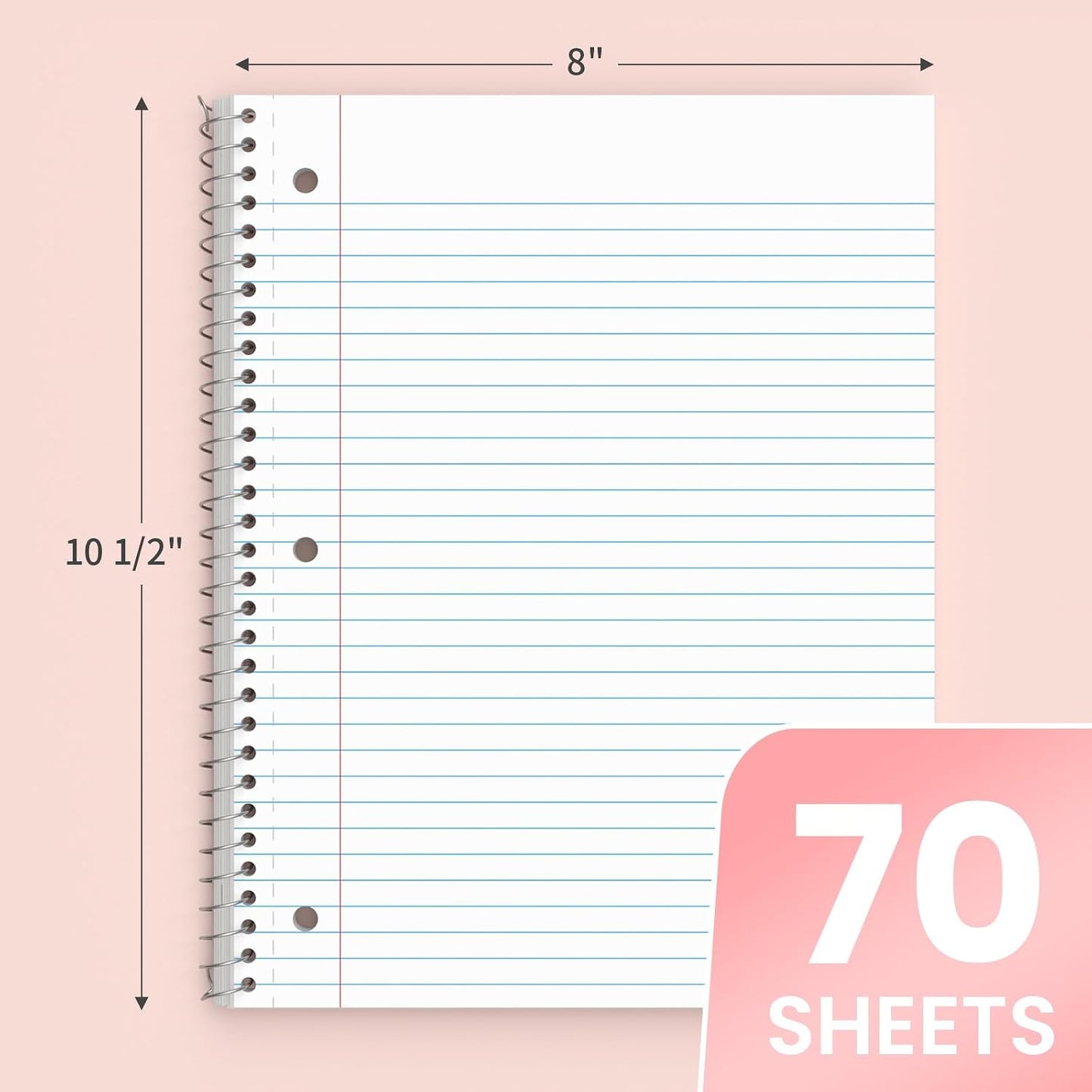 Oucaru 1 Subject Spiral Notebook College Ruled 3 Pack, 140 Pages | 70 Sheets, 8 x 10.5 in, 3-Hole Punched, School Notebook, Writing Notebook, Home, Office Supplies