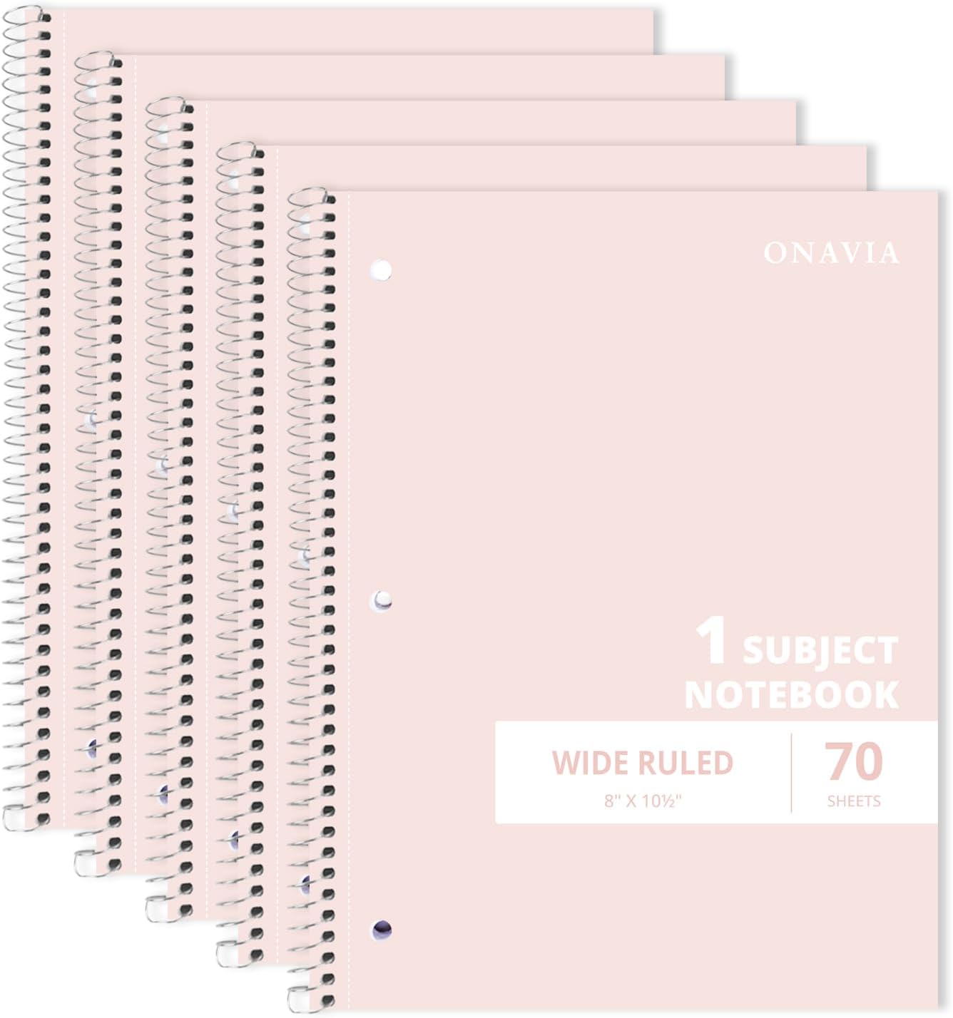 ONAVIA Pink 1 Subject Spiral Notebook Wide Ruled 5 Pack, 140 Pages | 70 Sheets, 7.5 x 10.5 in, 3-Hole Punched, School Notebook, Wide Ruled Paper, Study, Students