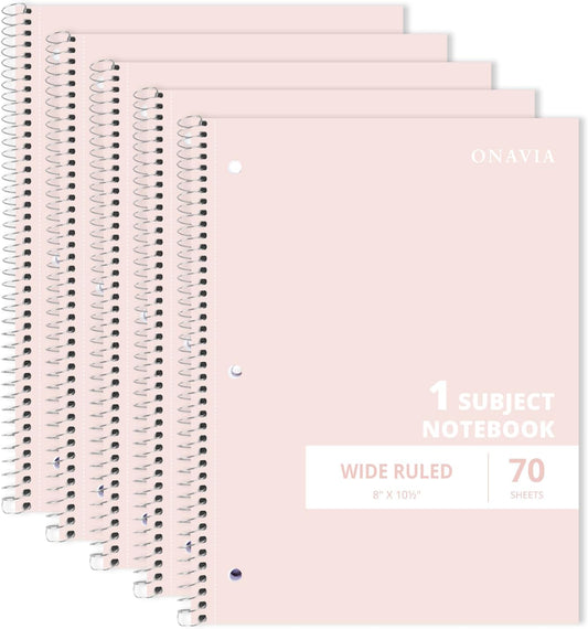 ONAVIA Pink 1 Subject Spiral Notebook Wide Ruled 5 Pack, 140 Pages | 70 Sheets, 7.5 x 10.5 in, 3-Hole Punched, School Notebook, Wide Ruled Paper, Study, Students