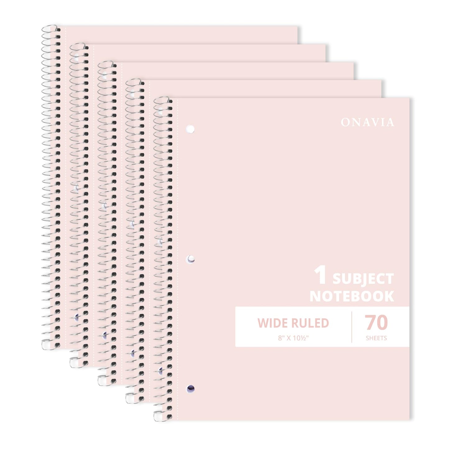 ONAVIA Pink 1 Subject Spiral Notebook Wide Ruled 5 Pack, 140 Pages | 70 Sheets, 7.5 x 10.5 in, 3-Hole Punched, School Notebook, Wide Ruled Paper, Study, Students