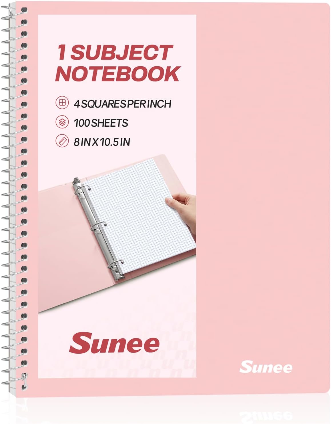SUNEE Spiral Notebook, 1-Subject, Graph Ruled Paper, 8" x 10-1/2", 100 Sheets per Notebook, 3-Hole Punched Paper, Water Resistant Cover, Spiral Grid Notebooks for Work, Home, School, Writing, Pink