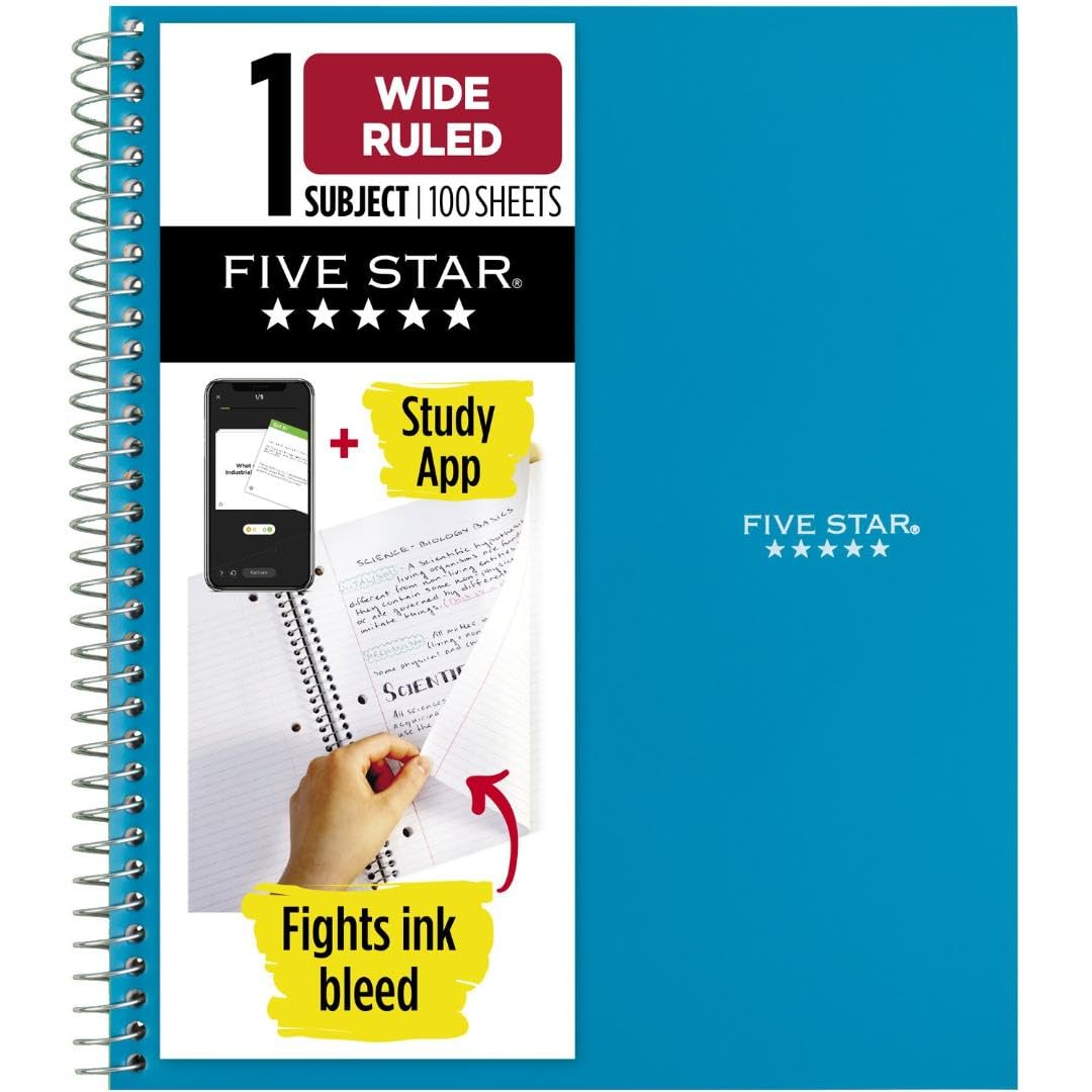 Five Star Spiral Notebook + Study App, 1 Subject, Wide Ruled Paper, 8" x 10.5", 100 Sheets, Fights Ink Bleed, Water Resistant Cover, Vivid Yellow (930010CJ1)
