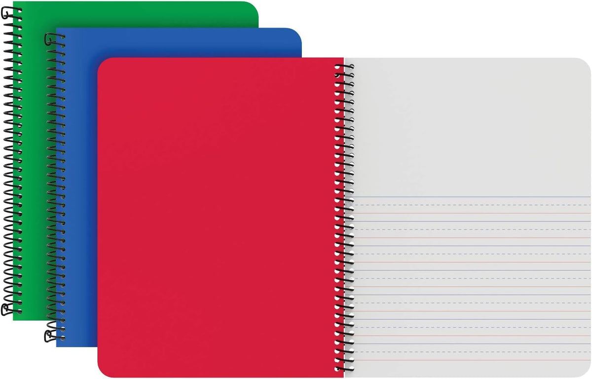 Oxford Primary Spiral Notebooks, Writing/Drawing Practice, Pre-K, K-2, Durable Plastic Covers, Writing Journals for Kids, 80 Sheets, 9-3/4 x 7-1/2 Inch, Blue, Green, Red, 3 Pack (89001)