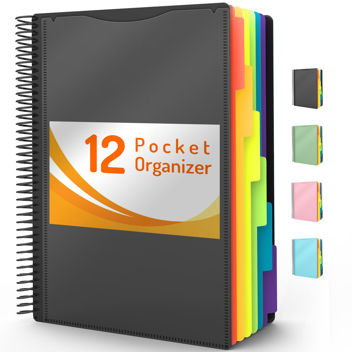 Forvencer 12 Pocket Project Organizer, 1/6-cut Tab Binder Organizer with Sticky Labels, Multi Pocket Folder with Zipper Pouch, Folder Binder Spiral Pocket Notebook, Office Supplies, Letter Size, Black