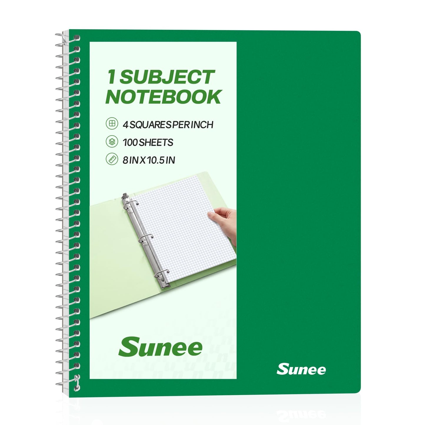 SUNEE Spiral Notebook, 1-Subject, Graph Ruled Paper, 8" x 10-1/2", 100 Sheets per Notebook, 3-Hole Punched Paper, Water Resistant Cover, Spiral Grid Notebooks for Work, Home, School, Writing, Pink
