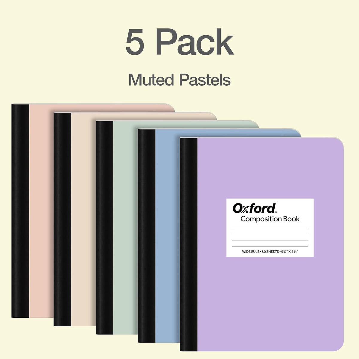 Oxford Composition Notebooks, 5 Pack, Wide Ruled, 80 Sheets, Pastels | Sewn binding keeps all 160 pages in place. Conversion chart and class schedule inside. Color coded covers for each subject.