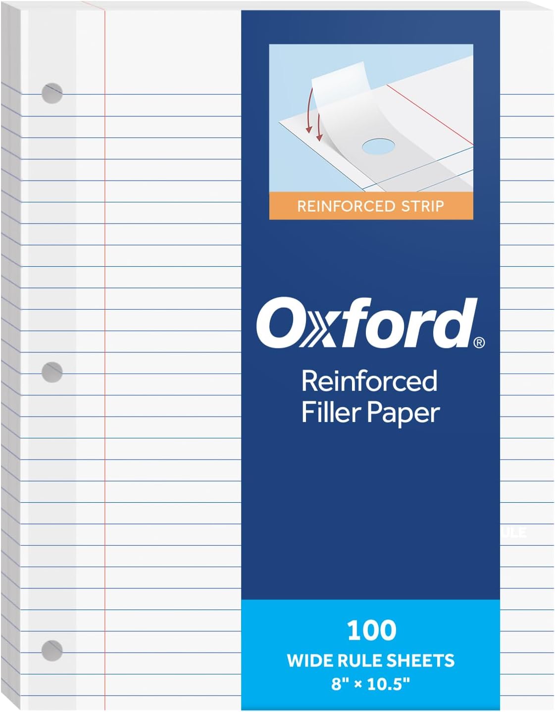 Oxford Reinforced Wide Ruled Loose Leaf Paper, 100 Sheets, 8 x 10.5 Inch | Filler Paper, Reinforced Punch Strip Resists Tearing, Fits 3-Ring Binders and Prong Folders, Smooth Surface for Ink