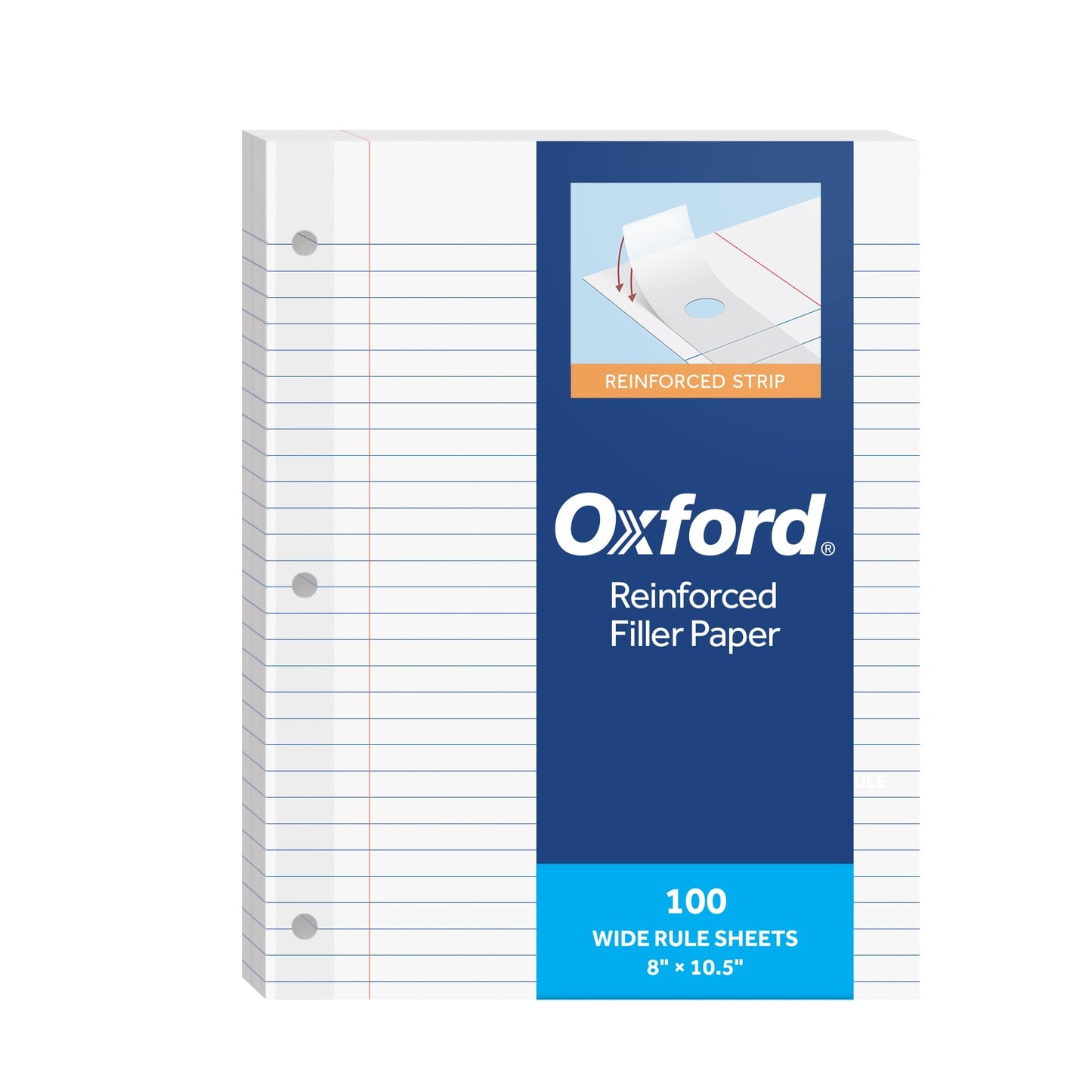 Oxford Reinforced Wide Ruled Loose Leaf Paper, 100 Sheets, 8 x 10.5 Inch | Filler Paper, Reinforced Punch Strip Resists Tearing, Fits 3-Ring Binders and Prong Folders, Smooth Surface for Ink