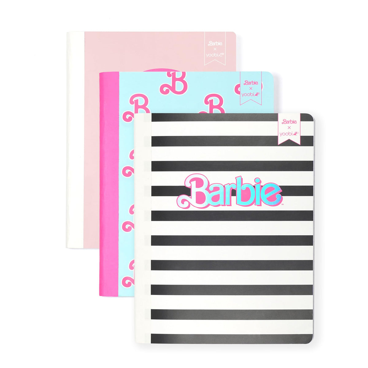 Yoobi x Barbie College Ruled Spiral Notebooks, 3-Pack, 100 Sheets | 3-Hole Punched Sheets, Perforated Pages, 100–150 Sheets, Multi-Pack (3-Pack or 6-Pack), Fun Prints & Designs