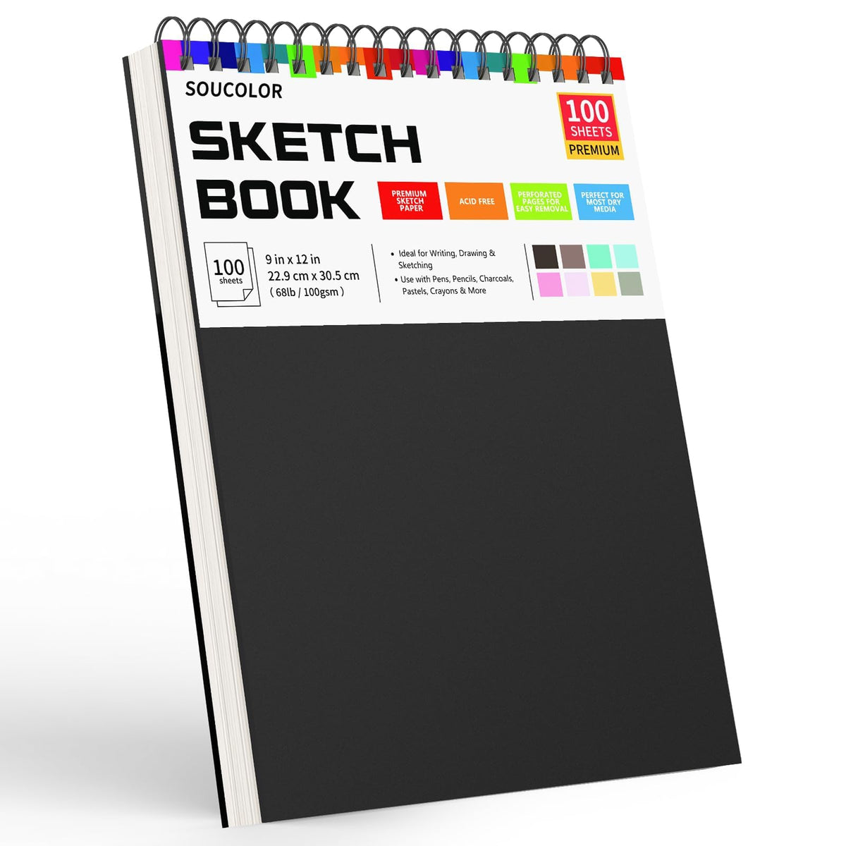 Soucolor Sketch Book 9" x 12", 100 Sheets Kids Art Sketchbook Drawing Pad | 68lb Acid-Free, Fine-Texture Paper, Top Spiral for Lay-Flat, Gift for Teens Girls Boys Beginners Adults, School Art Supplies