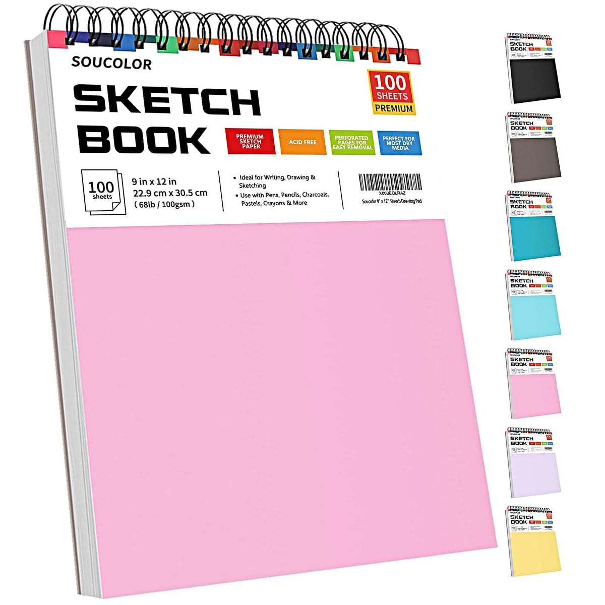 Soucolor Sketch Book 9" x 12", 100 Sheets Kids Art Sketchbook Drawing Pad | 68lb Acid-Free, Fine-Texture Paper, Top Spiral for Lay-Flat, Gift for Teens Girls Boys Beginners Adults, School Art Supplies
