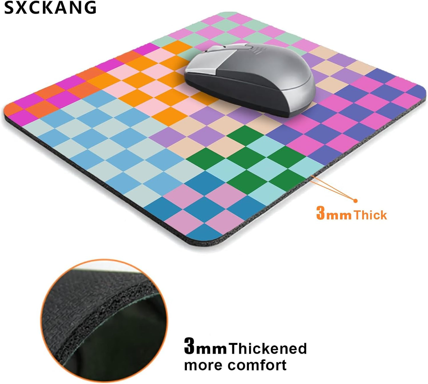 Cute Colorful Checkered Mouse Pad, Retro Purple Pink Blue Green Mousepad, Square Aesthetic Mice Pad Perfect Design for Gaming, Computer,Laptop, Office Work, Non-Slip Rubber Mouse Mat, 9.5x7.9 inch