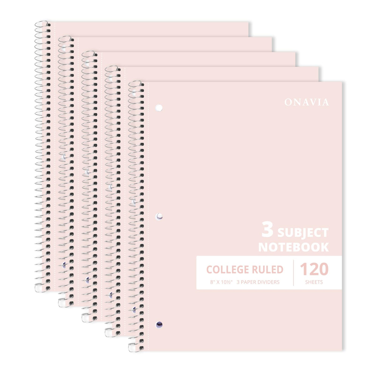 ONAVIA 3 Subject Spiral Notebook College Ruled 5 Pack, 240 Pages, Assorted | 120 Sheets, 8 x 10.5 in, 3 Dividers, Double-Sided Pockets, School Notebook, Study, Homework, Students