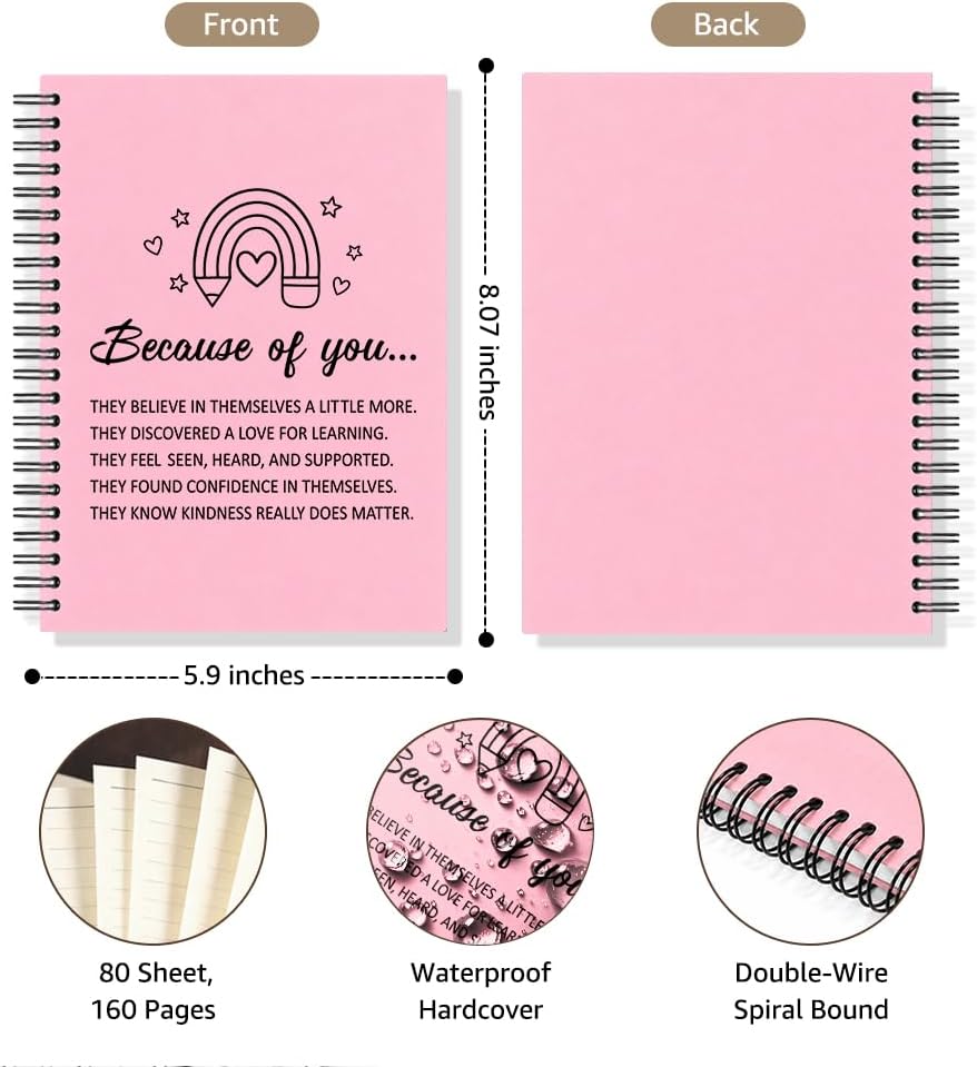 Because of You Pink Spiral Notebook, Teacher Appreciation Journal | Because of You Pink Spiral Notebook, Teacher Appreciation Journal, Thank You Gifts for Teacher, Tutor, School Counselor