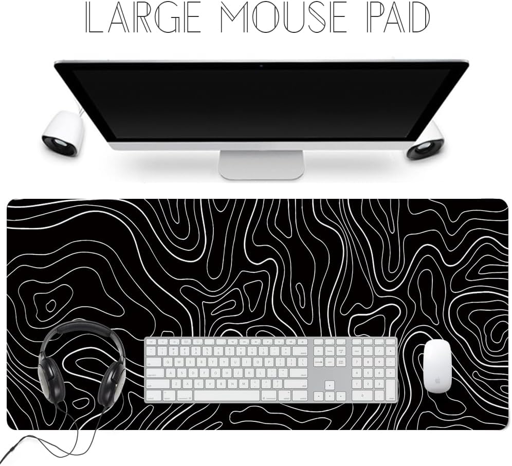 Black Topographic Large Gaming Mouse Pad Extended XXL(900 * 400 * 3MM) Mouse Mat Long Desk Pad with Stitched Edges for Keyboard Home Office Gaming Work Big Desk Mat