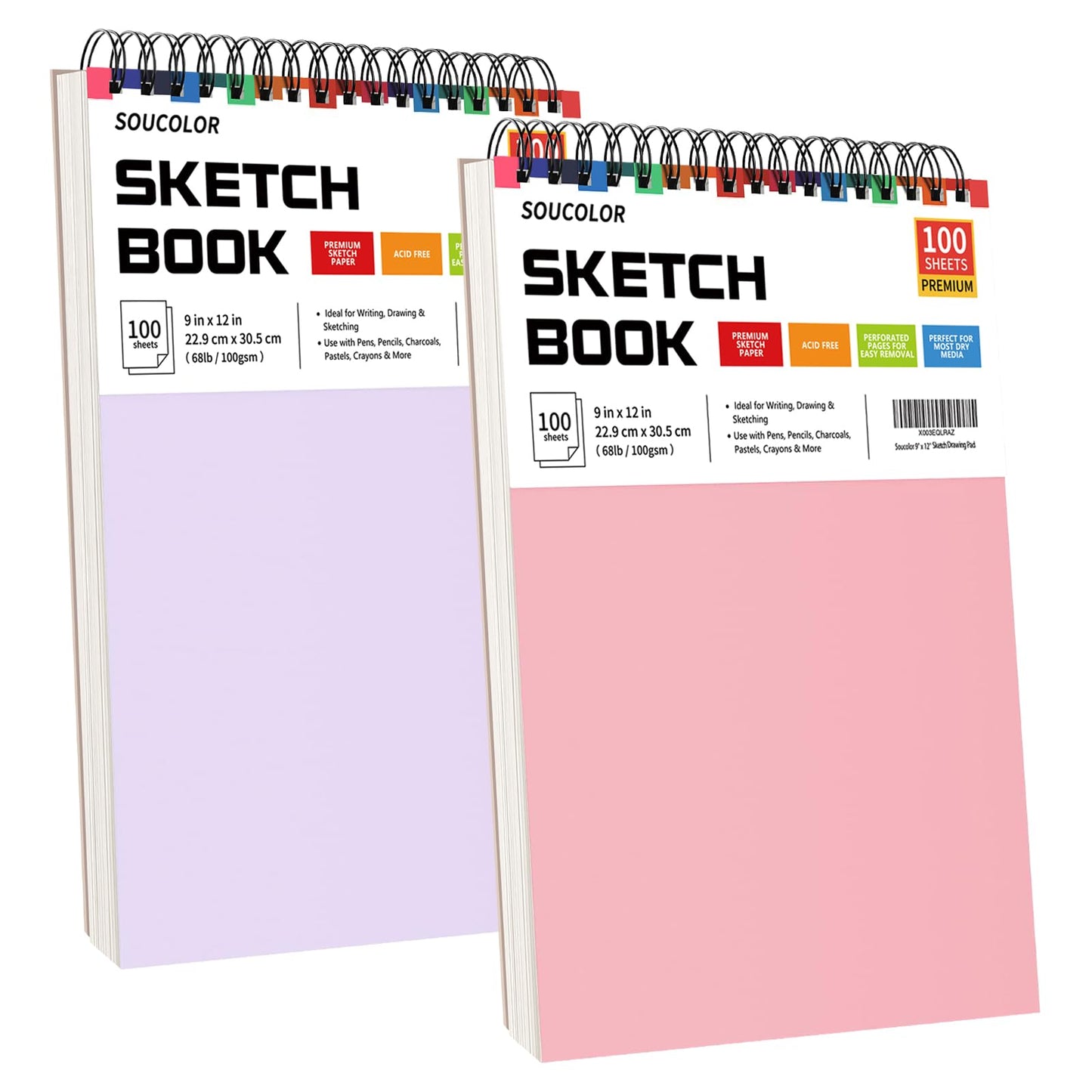 Soucolor Sketch Book 9" x 12", 100 Sheets Kids Art Sketchbook Drawing Pad | 68lb Acid-Free, Fine-Texture Paper, Top Spiral for Lay-Flat, Gift for Teens Girls Boys Beginners Adults, School Art Supplies