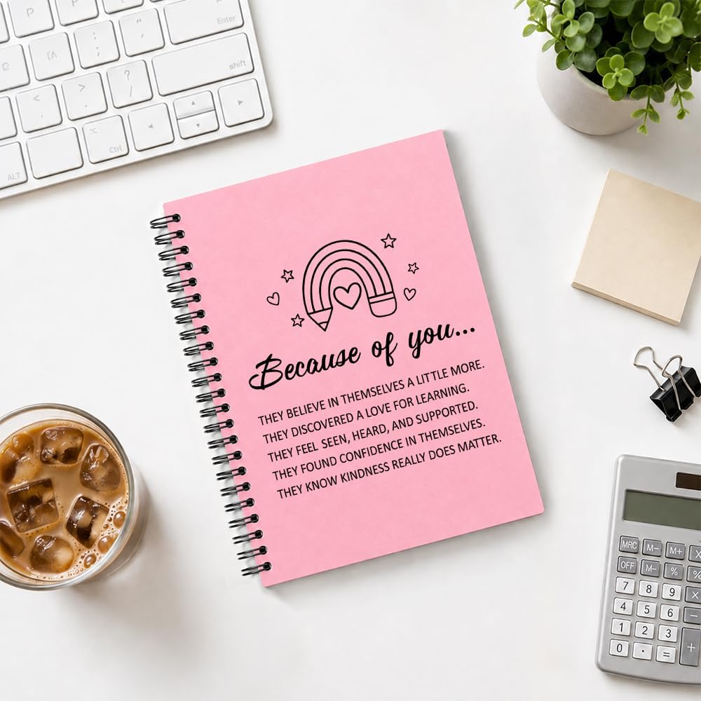 Because of You Pink Spiral Notebook, Teacher Appreciation Journal | Because of You Pink Spiral Notebook, Teacher Appreciation Journal, Thank You Gifts for Teacher, Tutor, School Counselor