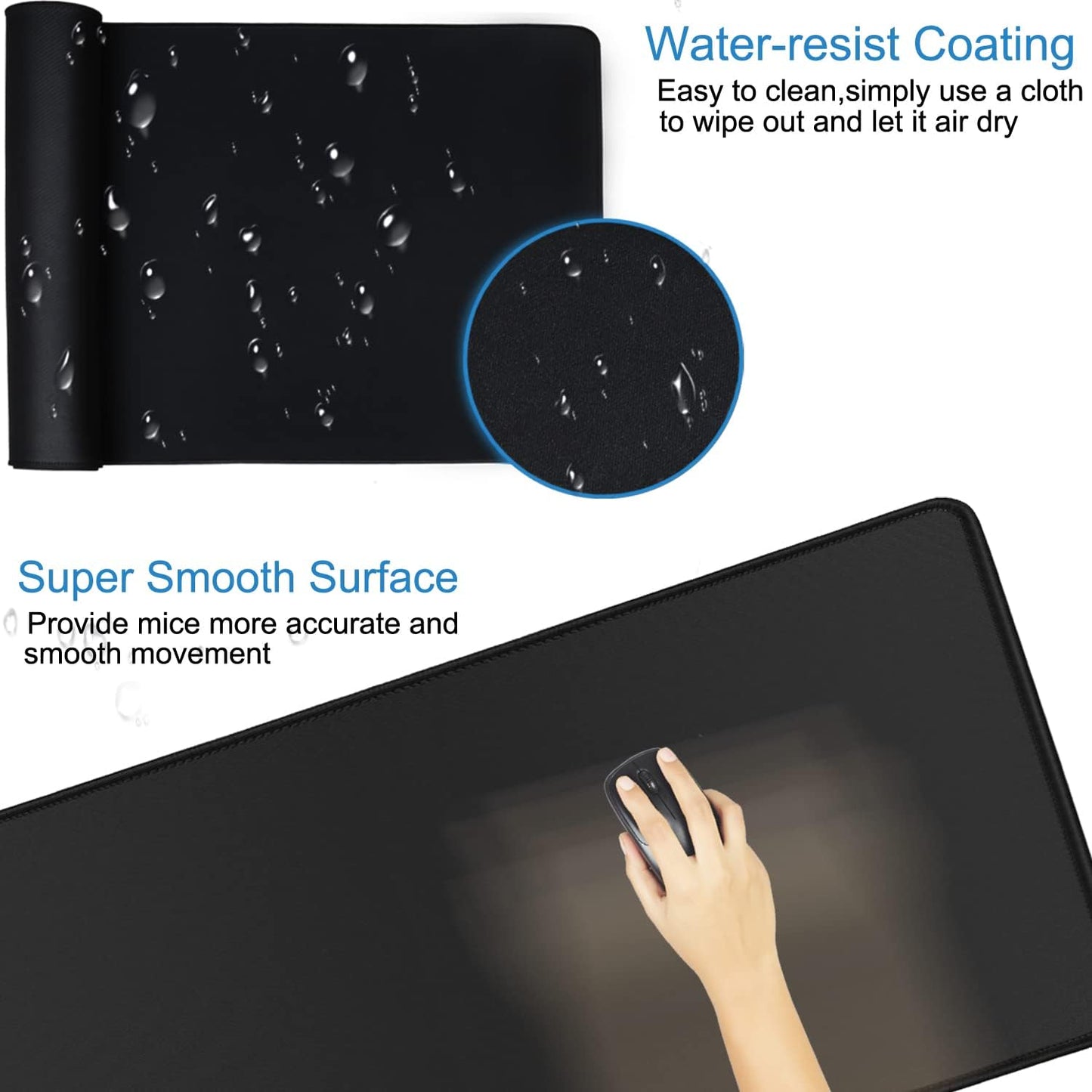 Mouse Pad Gaming, Extra Large Mousepad with Stitched Edges, Non-Slip Base | Large MousePad, Premium Microfiber Cloth Surface, Waterproof Keyboard Desk Mat for Home Office Gaming, 31.5 x 11.8 in, Black