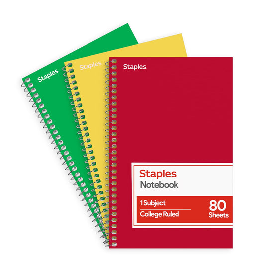 Staples 1-Subject Spiral Notebook, College Ruled, 80 Sheets, 3-Pk | Assorted colors for school, office, and everyday note-taking needs.