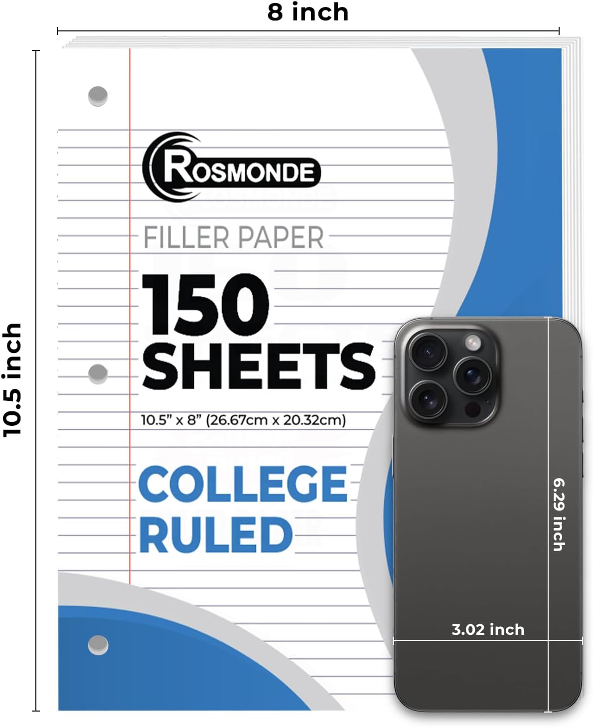 450 Sheets Loose Leaf Paper, 3 Pack, College Ruled Filler Paper | Bulk Office Filler Paper, 8" x 10.5", 3 Hole Punched, 150 Sheets/Pack, College Ruled Notebook Paper for Binder, White