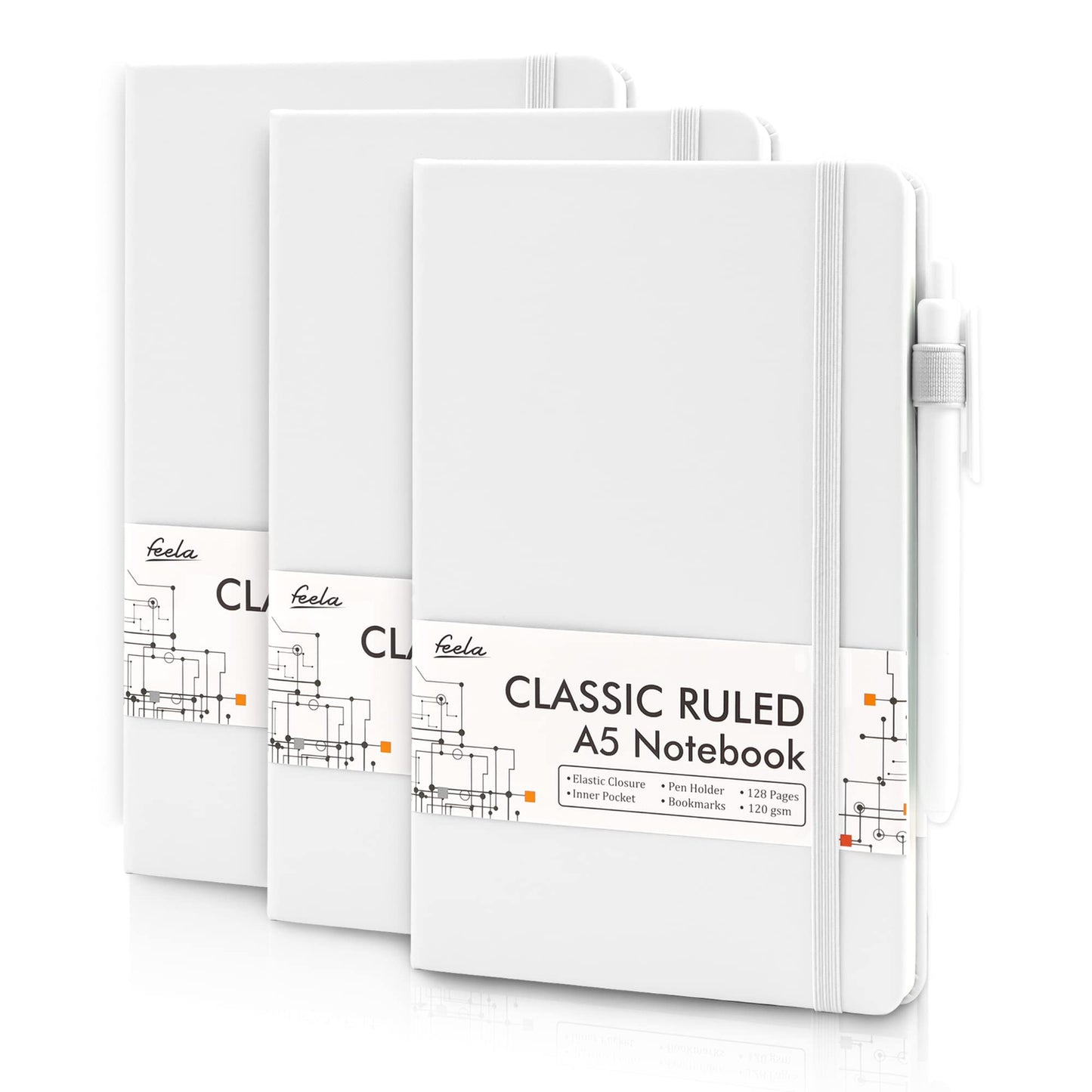 feela 3 Pack Hardcover Notebook For Women, Classic Ruled Lined Journal Set School Business Supplies, with 3 Black Pens, 120 GSM, 5.1”x8.3”, A5, Pastel Colors, Light Blue, Light Purple, Light Green