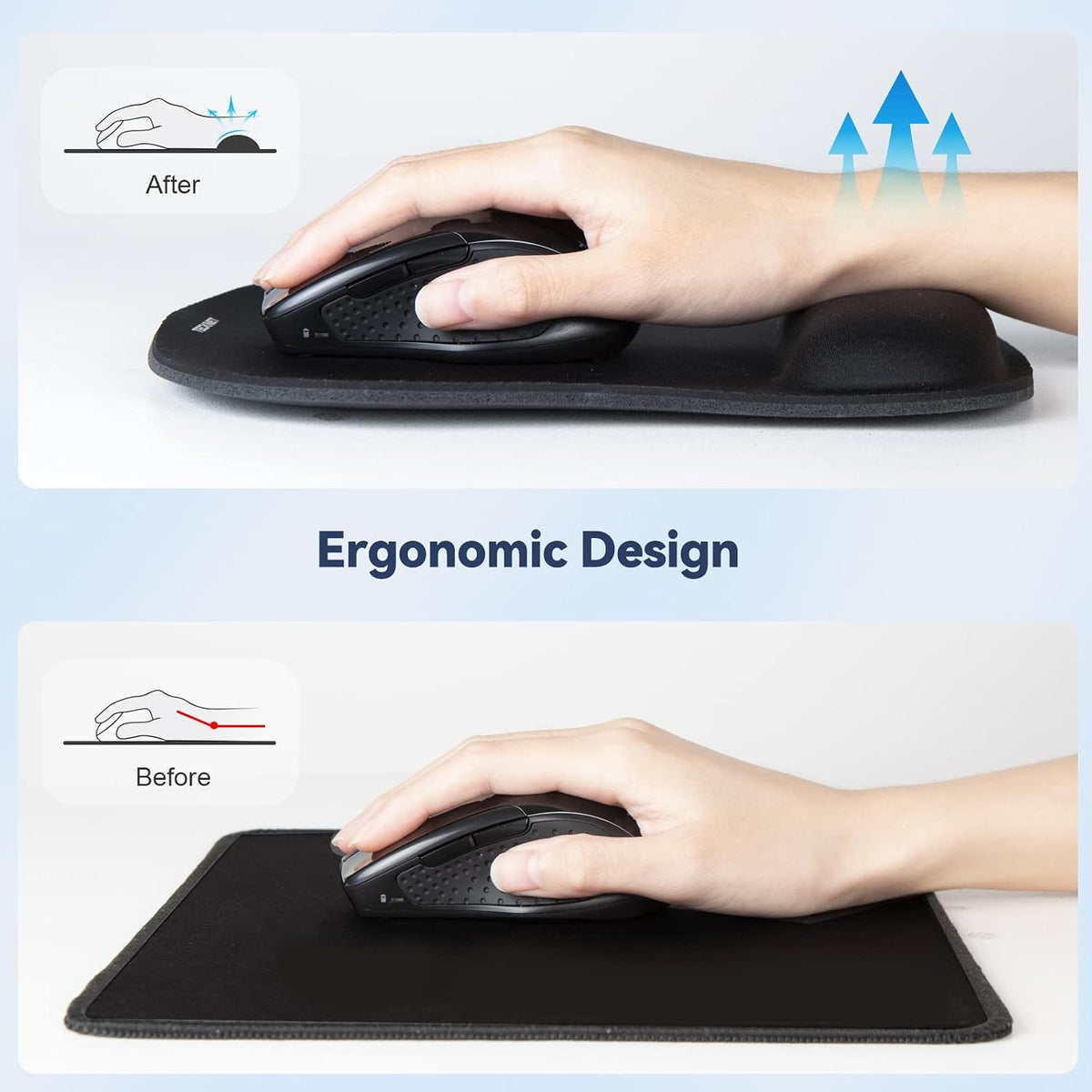TECKNET Ergonomic Mouse Pad with Wrist Support Black | Soft Memory Foam, Fast Rebound, Pain Relief，Waterproof Surface, Non-slip Base