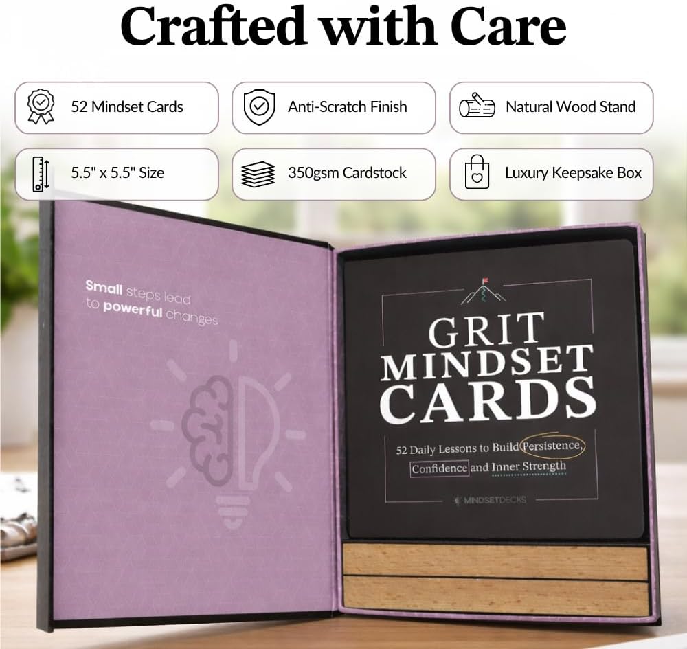 Grit Mindset Cards – 52 Daily Habits for Persistence, Resilience & Confidence – Motivational Mindset Cards for Kids, Teens & Adults – Includes Wooden Display Stand – Gift for Teachers & Coaches