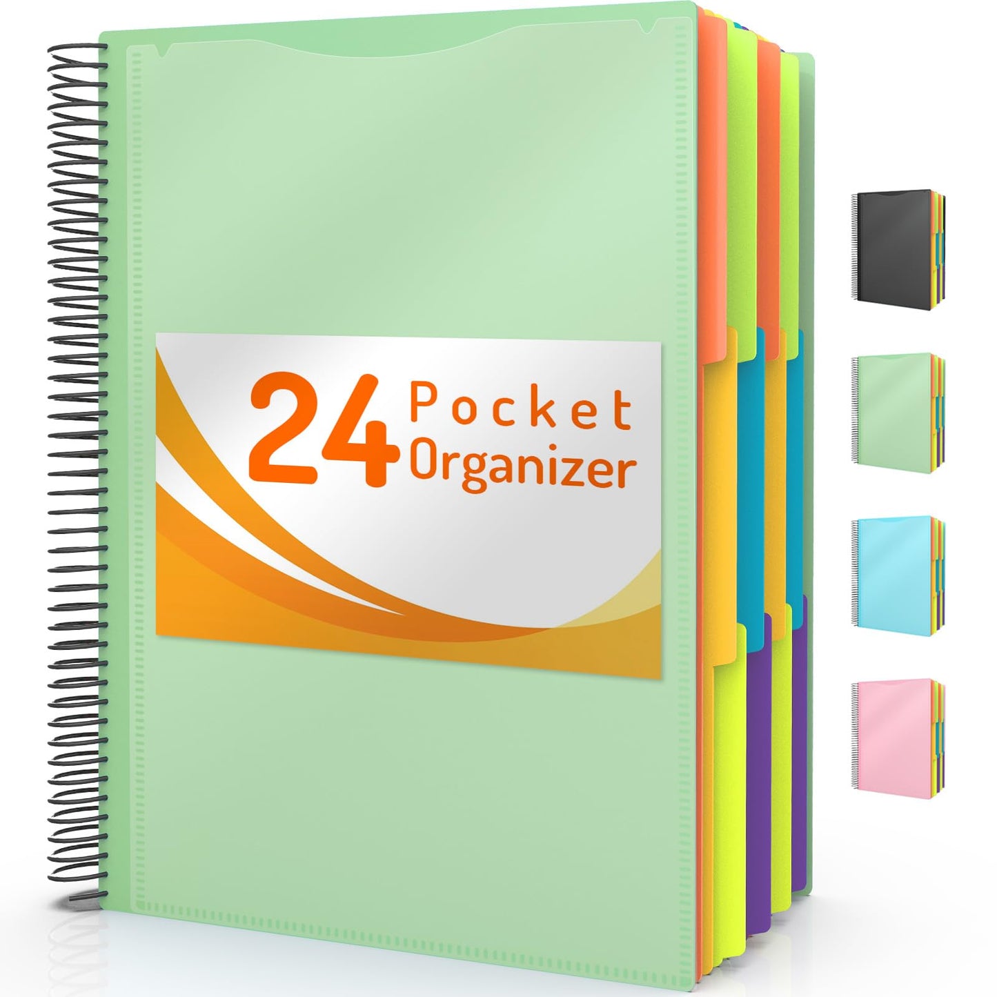 Forvencer 12 Pocket Project Organizer, 1/6-cut Tab Binder Organizer with Sticky Labels, Multi Pocket Folder with Zipper Pouch, Folder Binder Spiral Pocket Notebook, Office Supplies, Letter Size, Black