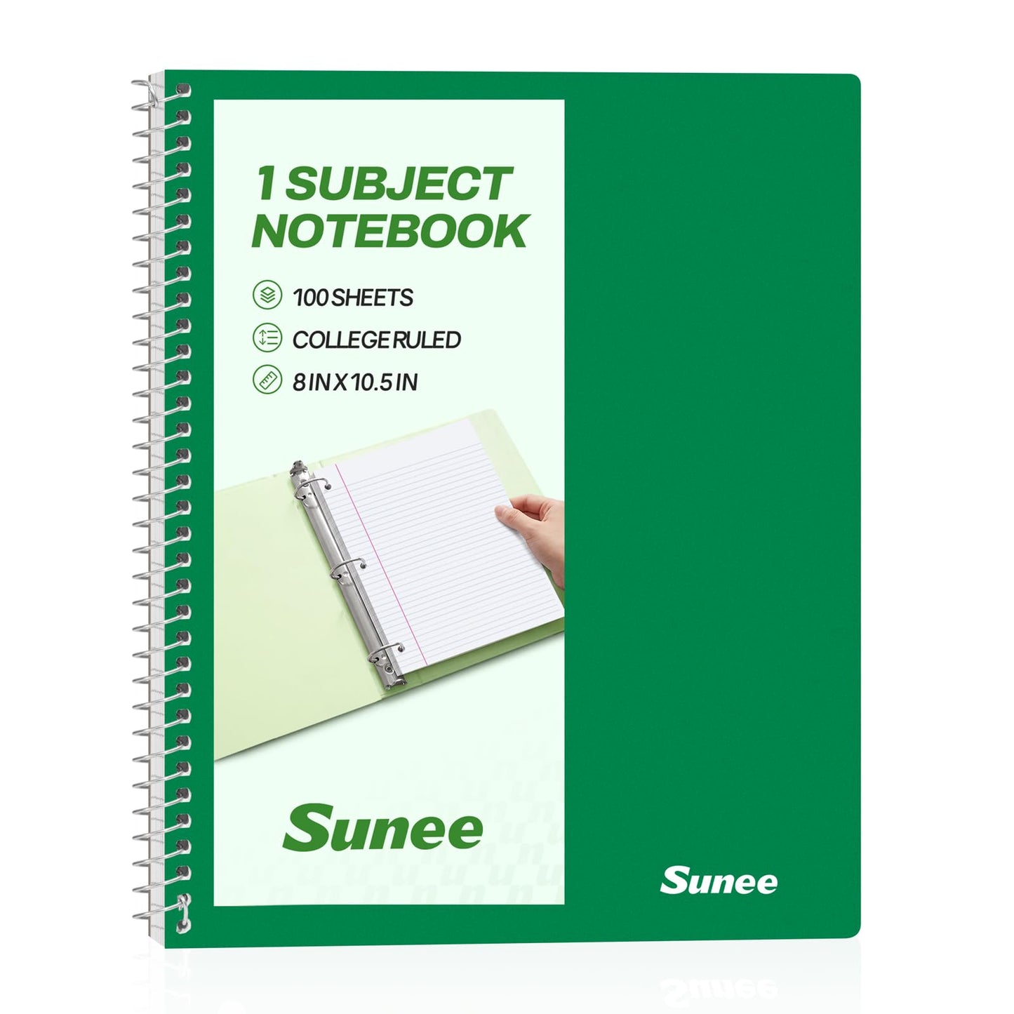 SUNEE Spiral Notebook, 1-Subject, College Ruled Paper, 8" x 10-1/2", 100 Sheets per Notebook, 3-Hole Punched Paper, Water Resistant Cover, Double-sided Pockets, Spiral Lined Notebooks for Work, Pink