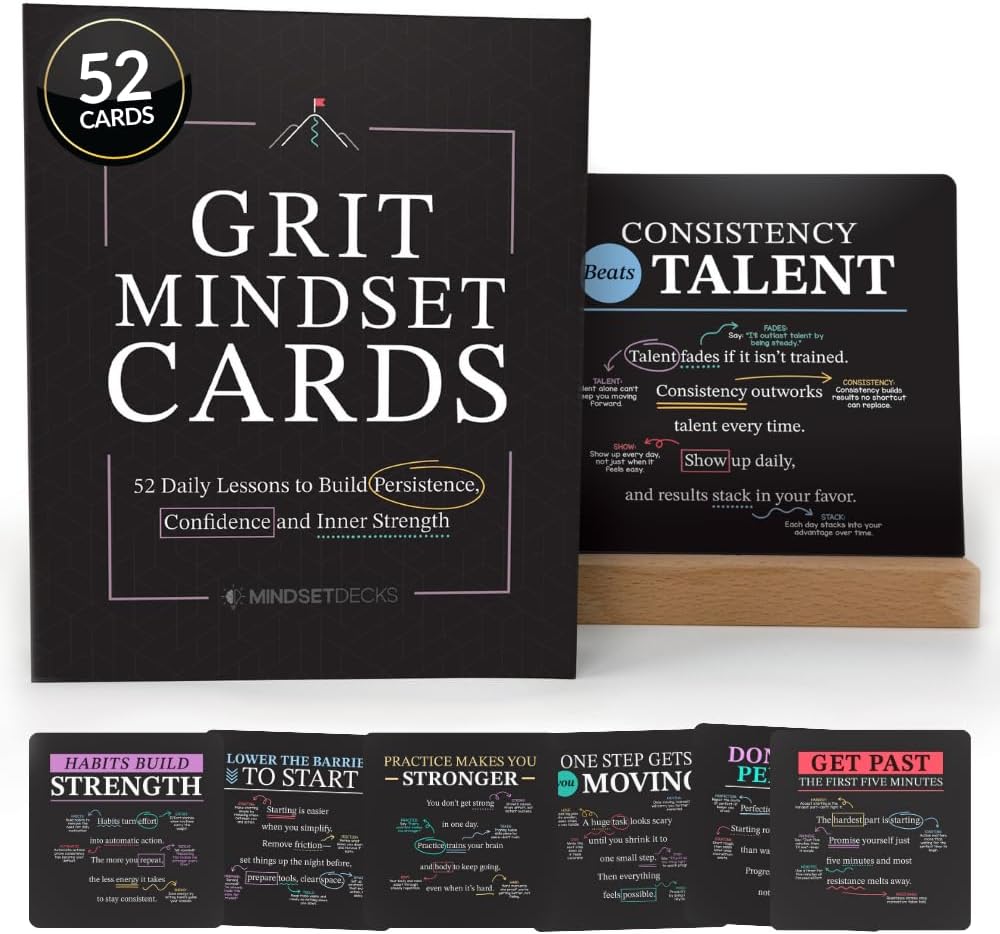Grit Mindset Cards – 52 Daily Habits for Persistence, Resilience & Confidence – Motivational Mindset Cards for Kids, Teens & Adults – Includes Wooden Display Stand – Gift for Teachers & Coaches
