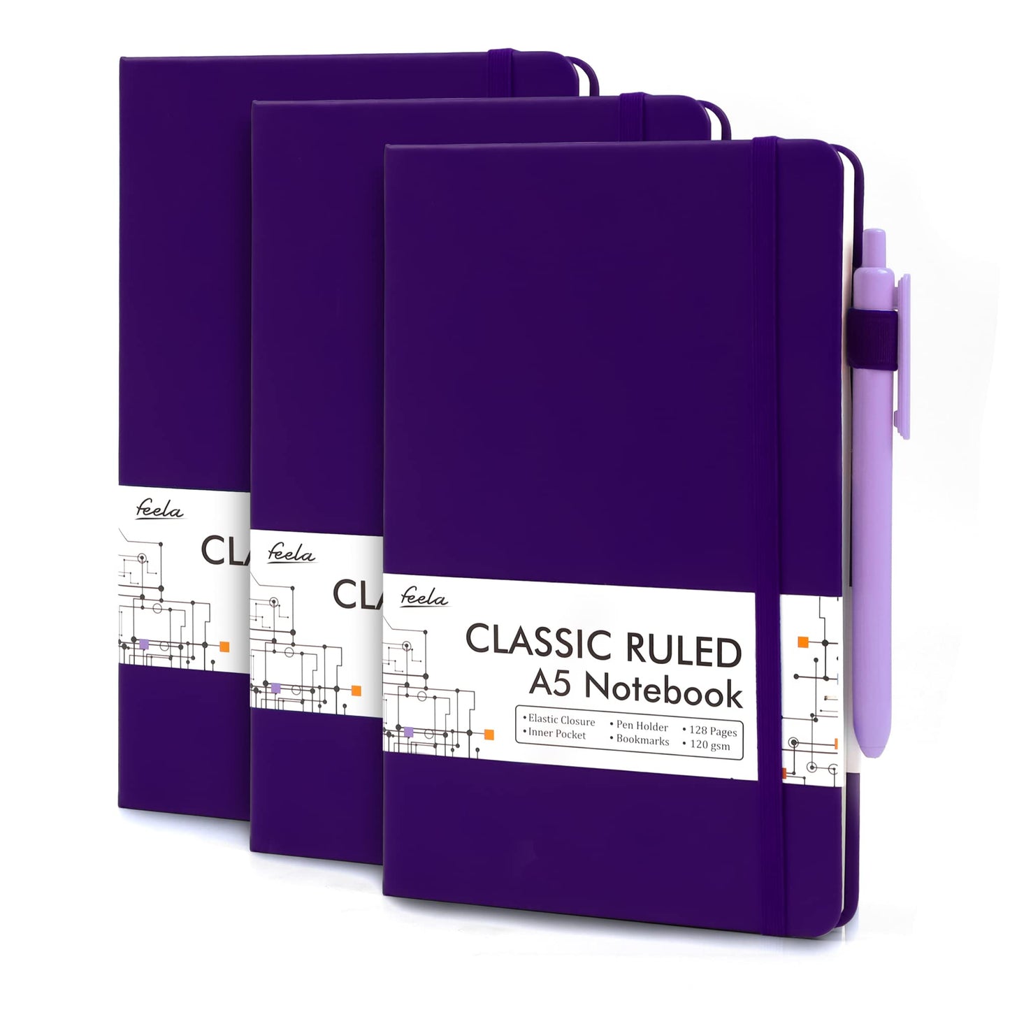 feela 3 Pack Hardcover Notebook For Women, Classic Ruled Lined Journal Set School Business Supplies, with 3 Black Pens, 120 GSM, 5.1”x8.3”, A5, Pastel Colors, Light Blue, Light Purple, Light Green