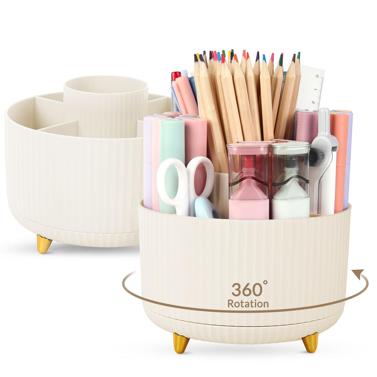 SKYDUE 360 Rotating Plastic Desk Pen Organizer with 5 Slots, Dual-Purpose Art Supply Pencil Cup for Office, School, Home