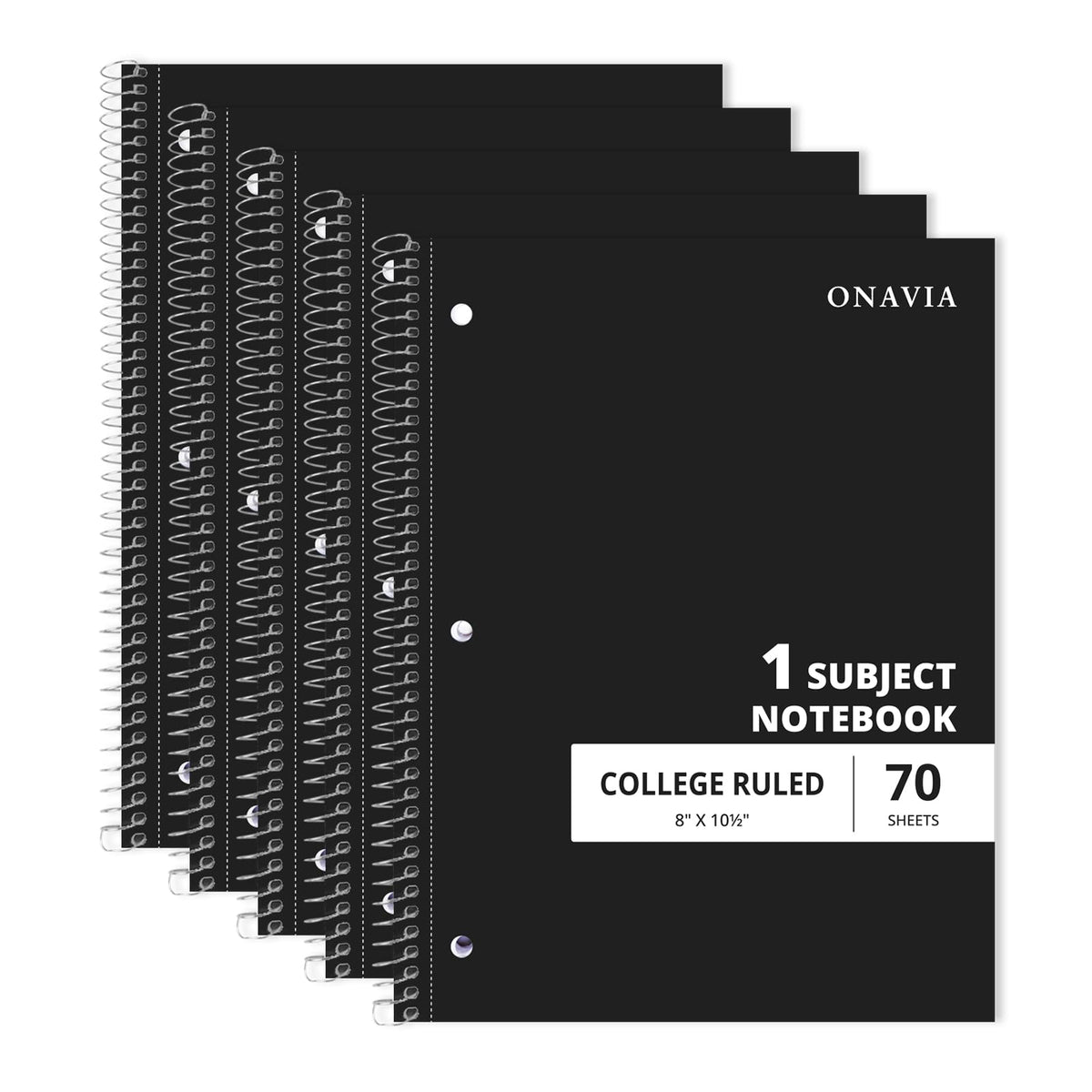 ONAVIA 1 Subject Spiral Notebook College Ruled 5 Pack, 140 Pages, Assorted | 70 Sheets, 8 x 10.5 in, 3-Hole Punched, School Notebook, Writing Notebook, Students, Study
